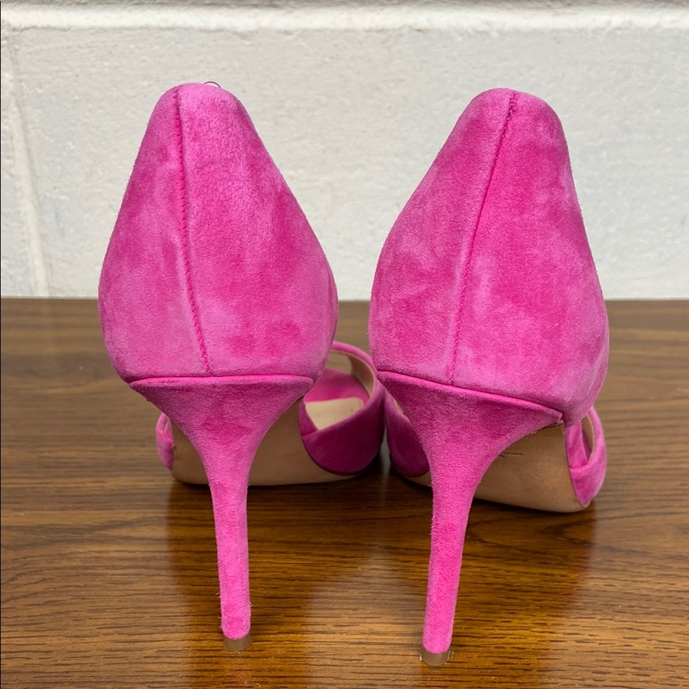 Veronica Beard Gadot Fuschia Suede‎ Leather Peep-Toe Heels Size 6M Barbie Pink - Picture 3 of 12